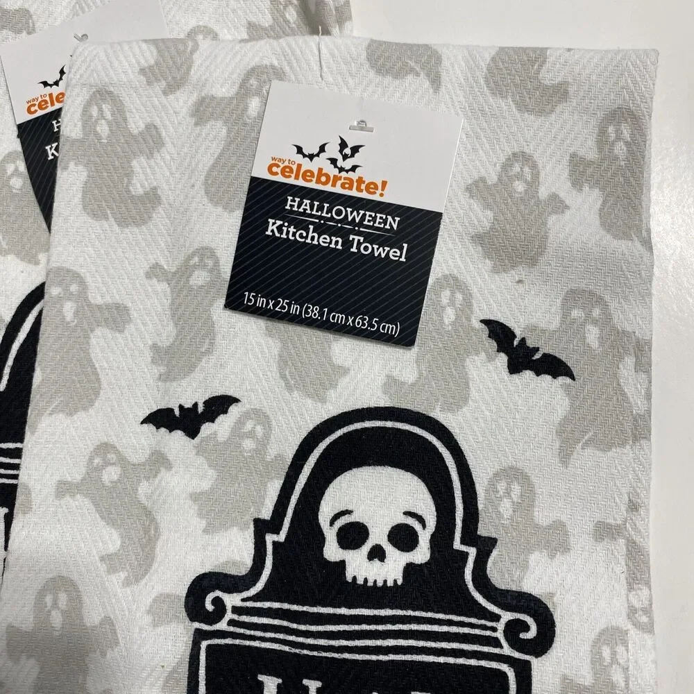 Halloween Kitchen Dish Hand Towels Spooky Scary Skull Ghost Set Festive Fun NEW